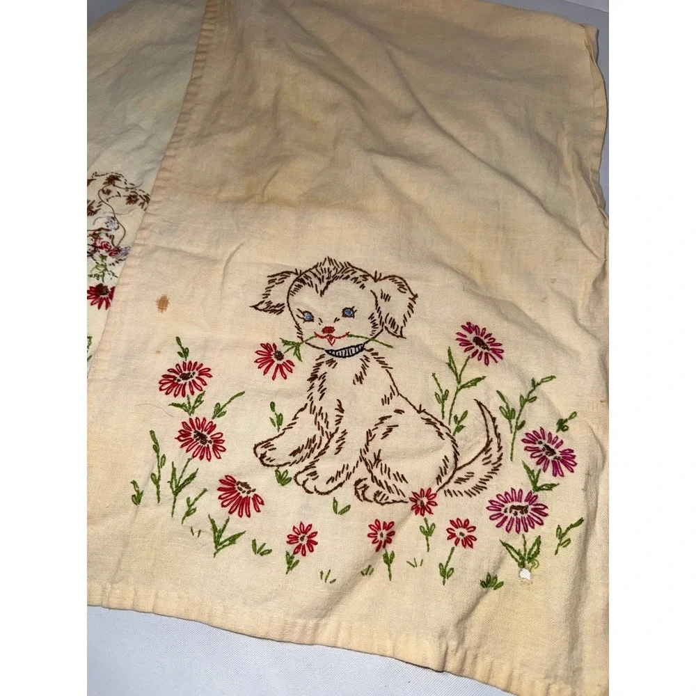 Vintage Crochet Doilies & Embroidered Puppy Linen Lot Shabby Chic Crafting 8pc